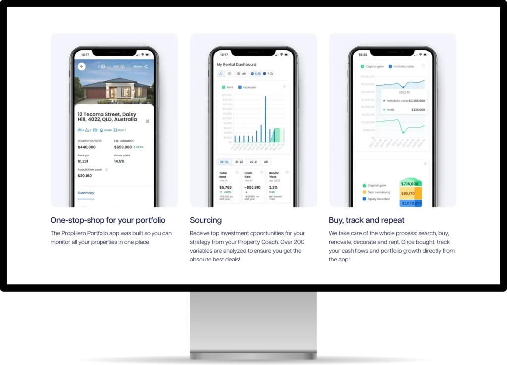 Capturas de pantalla de la aplicación PropHero mostrando características de gestión de cartera, análisis de rentabilidad y seguimiento de inversiones, diseñadas por Jorge ML.