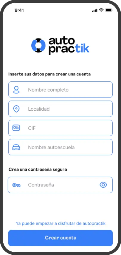 Pantalla de registro de usuario en la aplicación Autopractik, mostrando un formulario para introducir datos personales y crear una cuenta nueva.