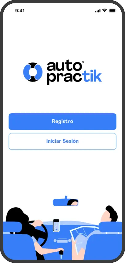 Pantalla de bienvenida de la aplicación Autopractik mostrando opciones de registro e inicio de sesión con ilustraciones estilizadas de una lección de conducción.