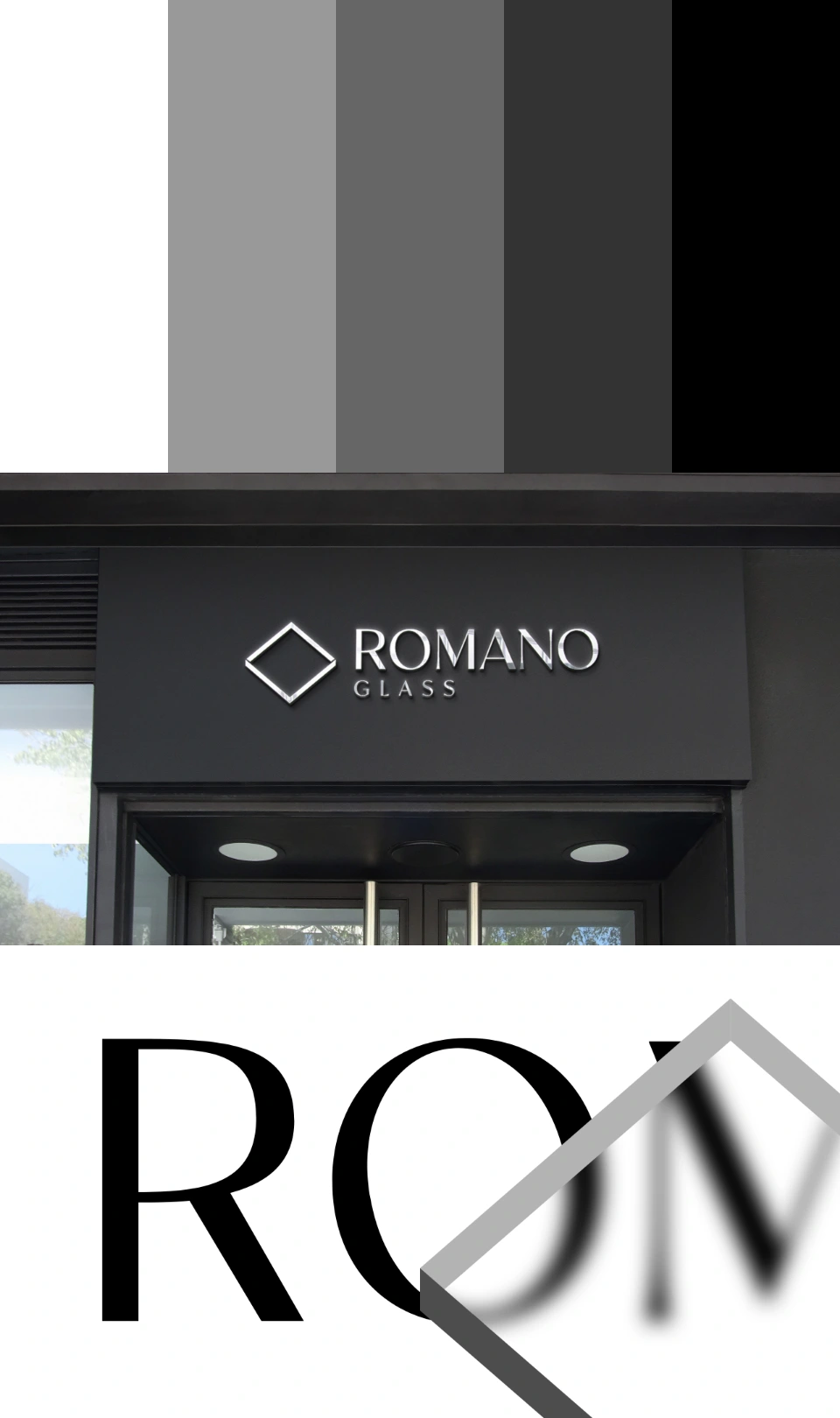 Fachada de Romano Glass con el logotipo montado sobre la entrada, demostrando la aplicación real del diseño de marca.