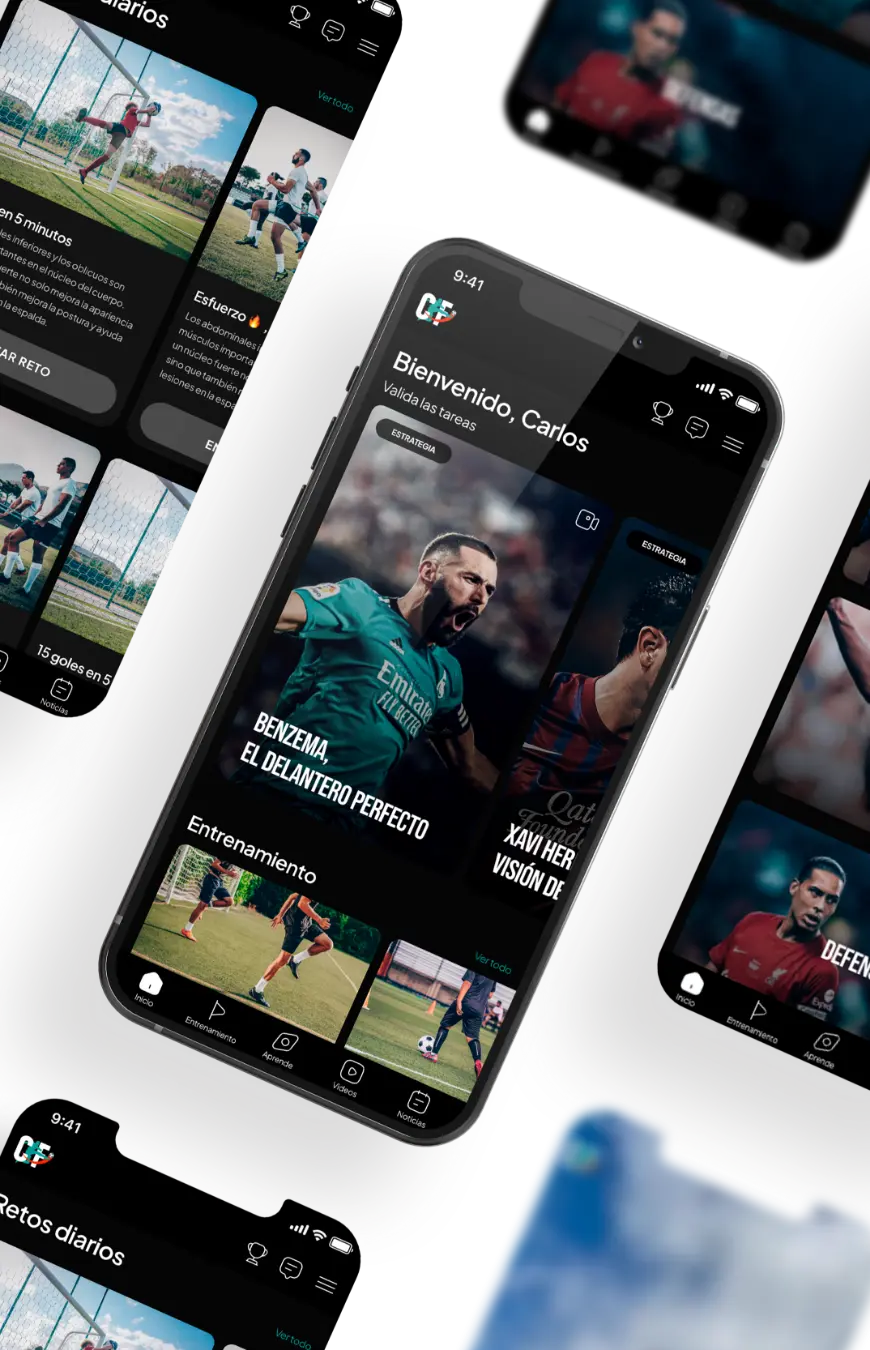 Aplicación móvil de entrenamiento de fútbol con contenido interactivo.