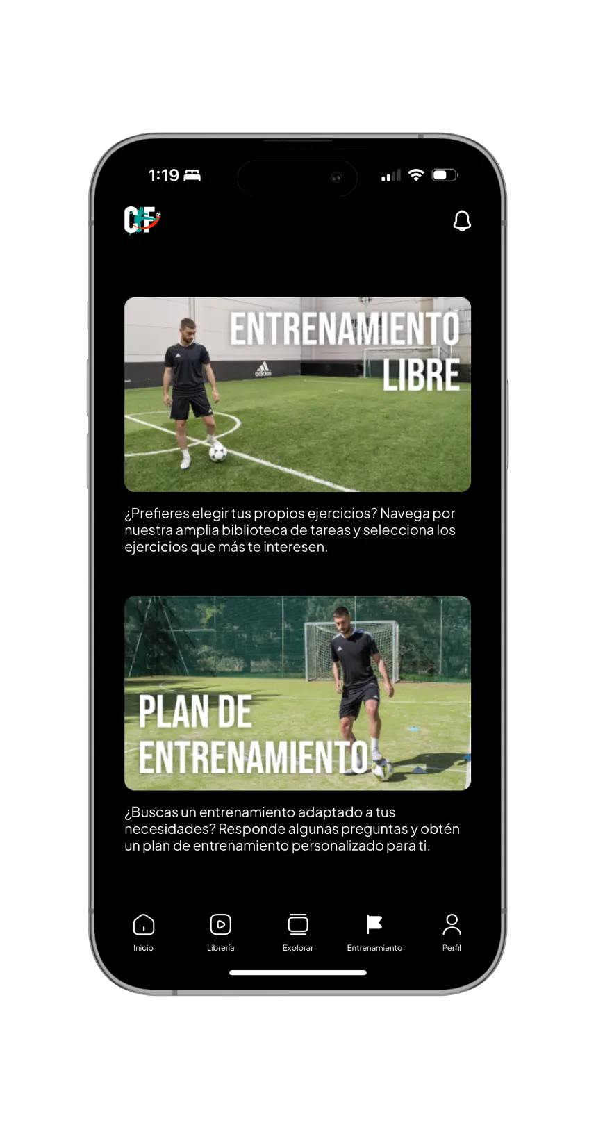 Captura de pantalla de una aplicación móvil de entrenamiento de fútbol mostrando la sección de entrenamiento libre.