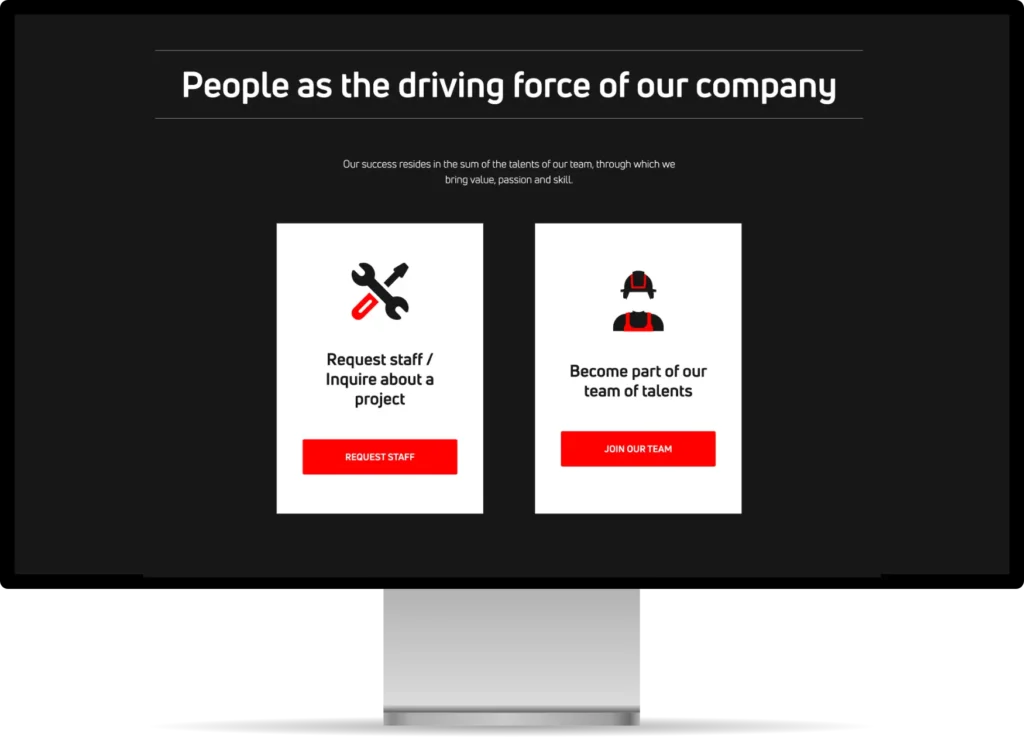 Sección de una página web titulada "People as the driving force of our company", con dos opciones interactivas para "Request staff / Inquire about a project" y "Become part of our team of talents".