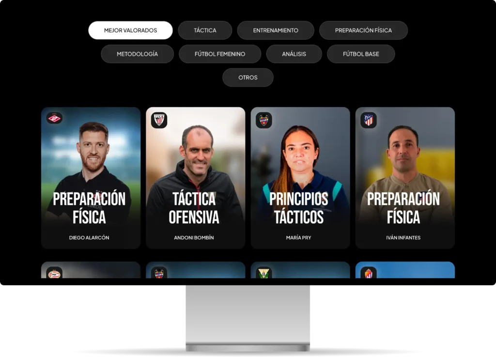 Selección de cursos de preparación física y tácticas ofensivas en la plataforma 'Construyendo Fútbol', diseñados por diseñador gráfico freelance.