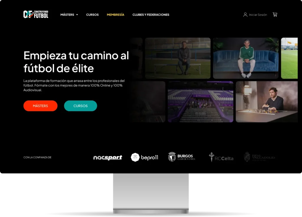 Página de inicio de 'Construyendo Fútbol' con opciones de másteres y cursos, diseño web por diseñador gráfico freelance.