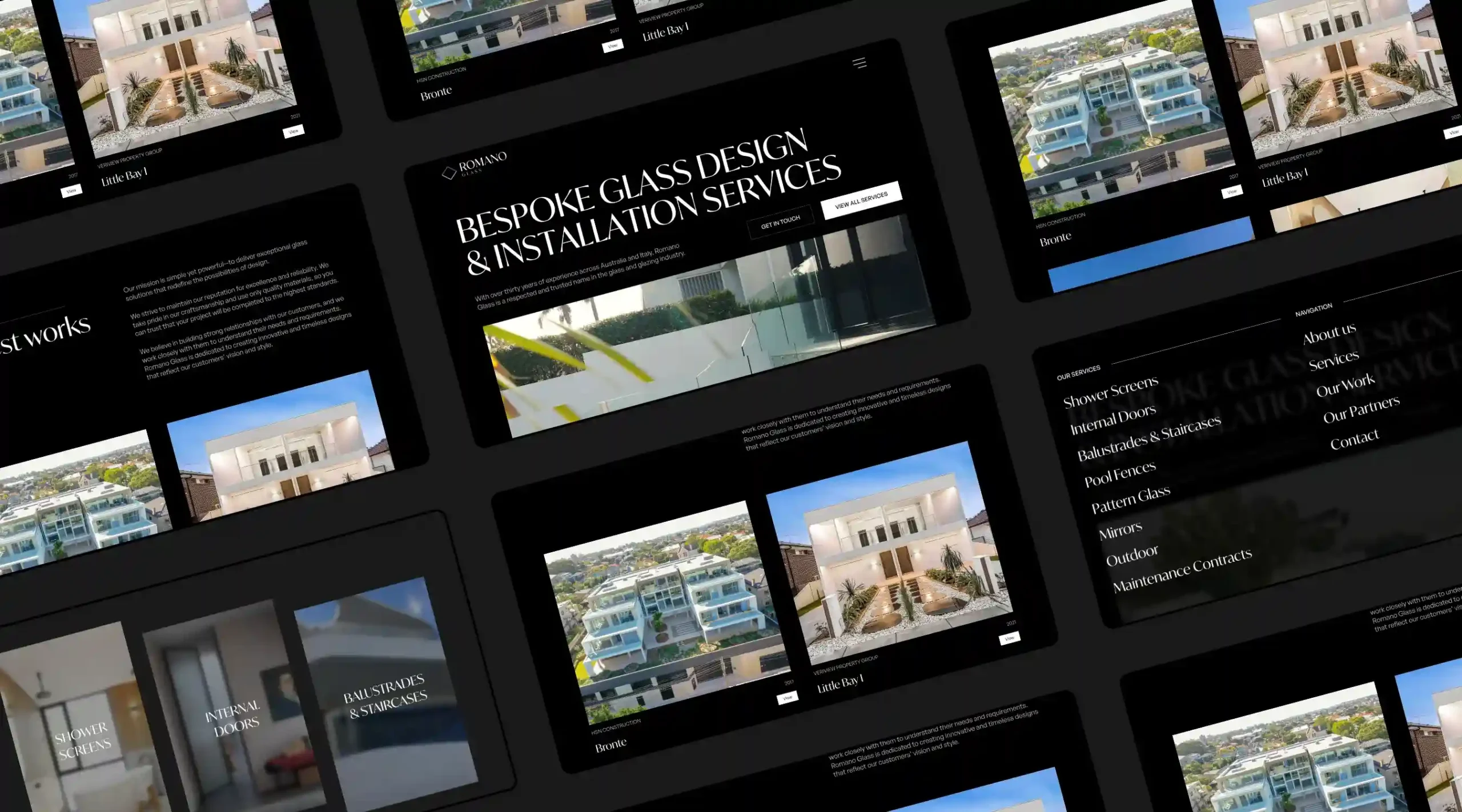 Vista de la galería web de Romano Glass en múltiples dispositivos.