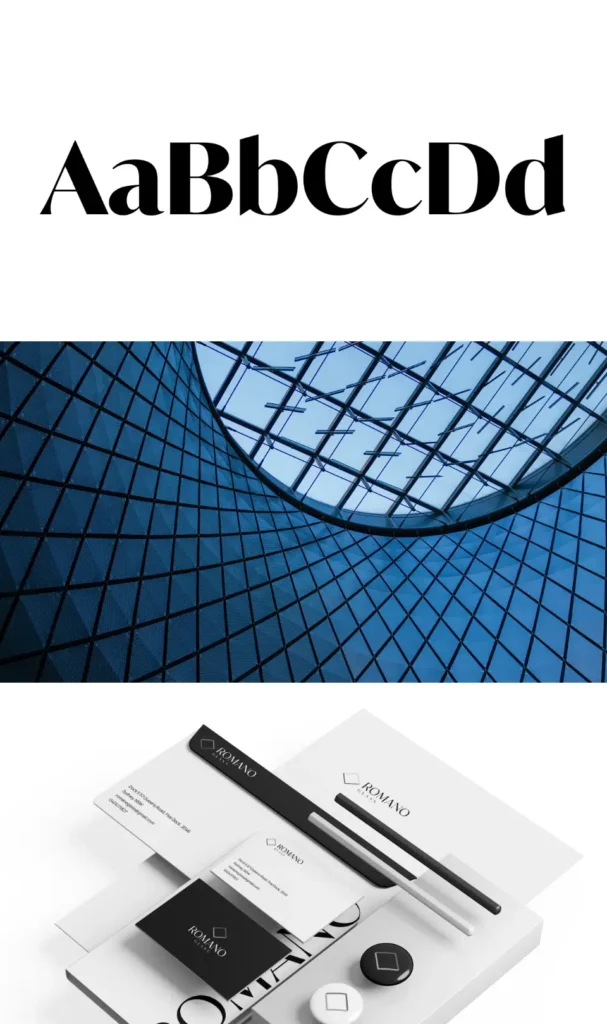 Muestra de tipografía, arquitectura moderna y materiales de marca de Romano Glass, destacando la cohesión entre diseño gráfico y arquitectónico.