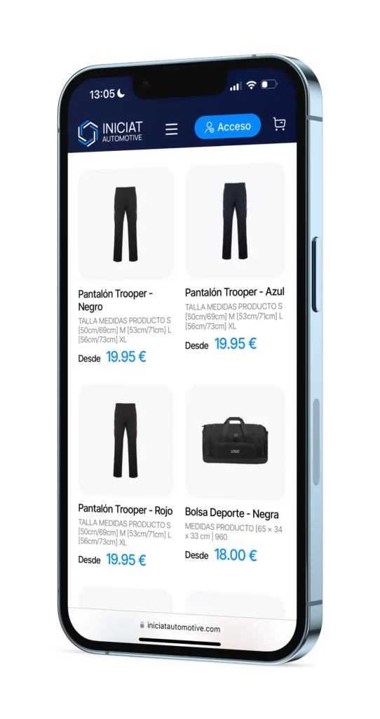 Captura de pantalla de un smartphone mostrando la página de un ecommerce llamado IniciaT Automotive, con productos de vestuario y accesorios.