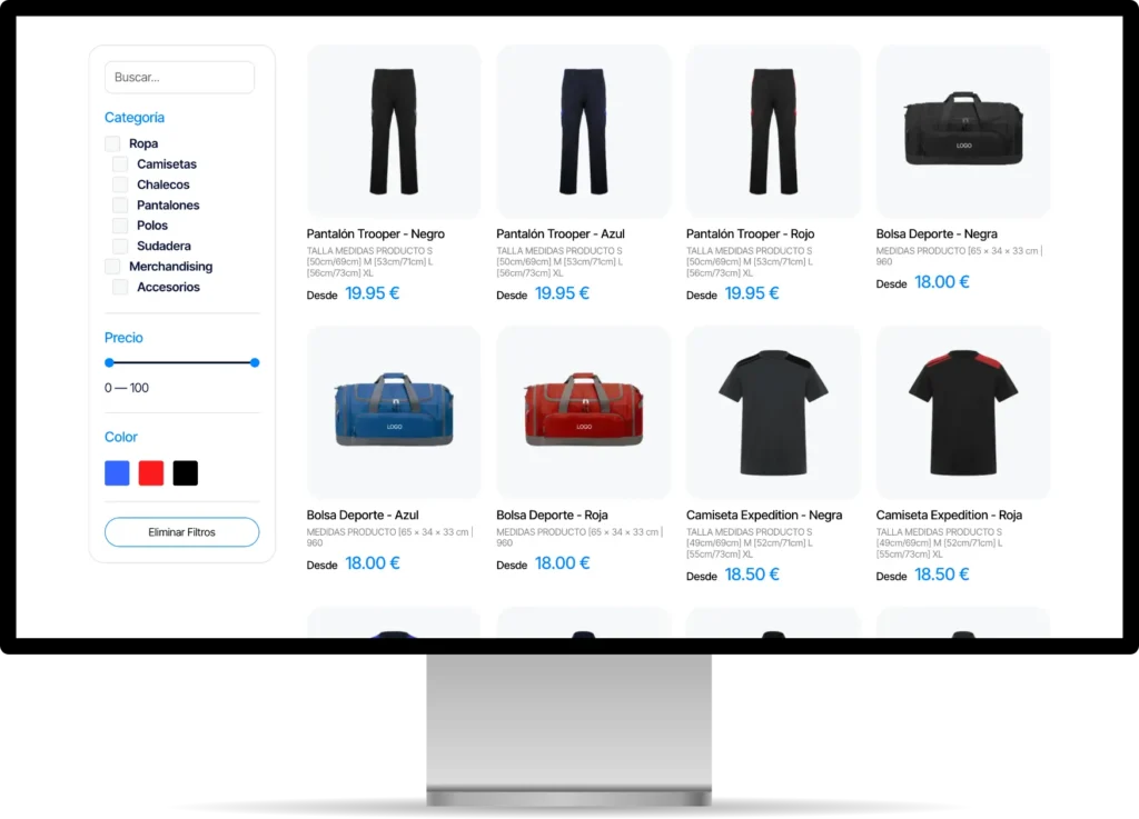 Captura de pantalla de la página de un catálogo de productos de una tienda online.