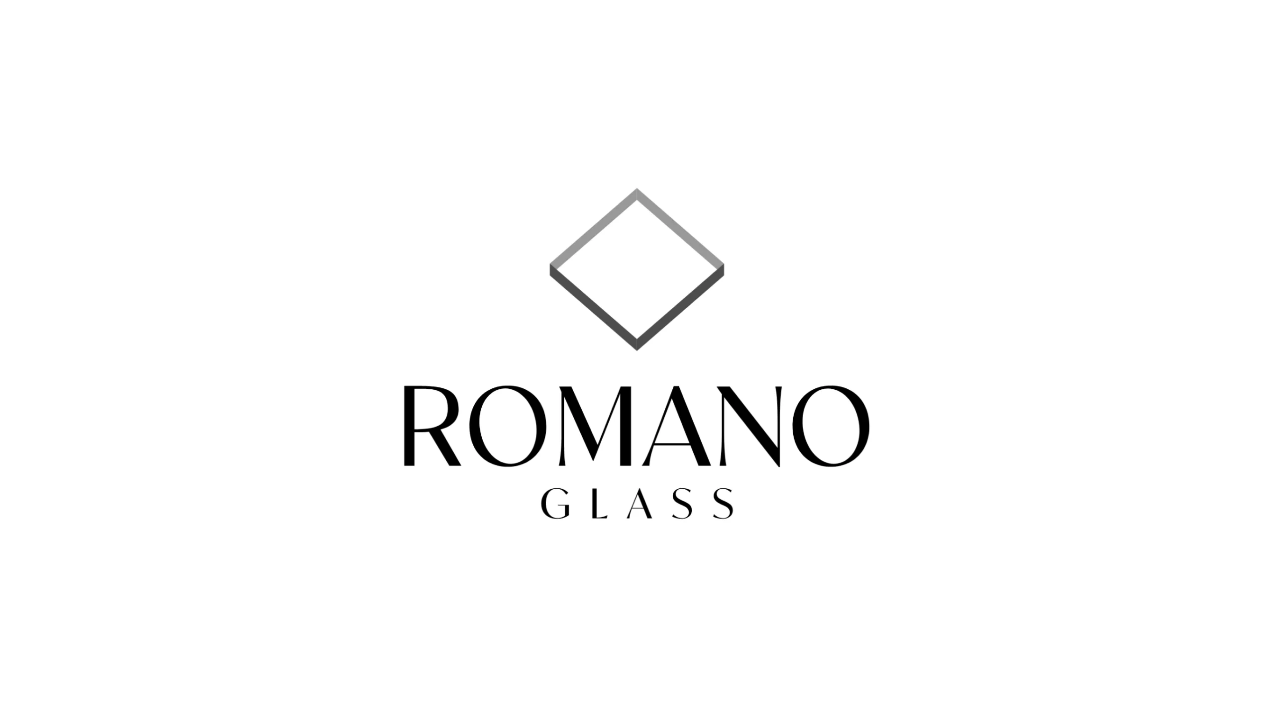 Marca completa de Romano Glass, incluyendo el símbolo y logotipo.