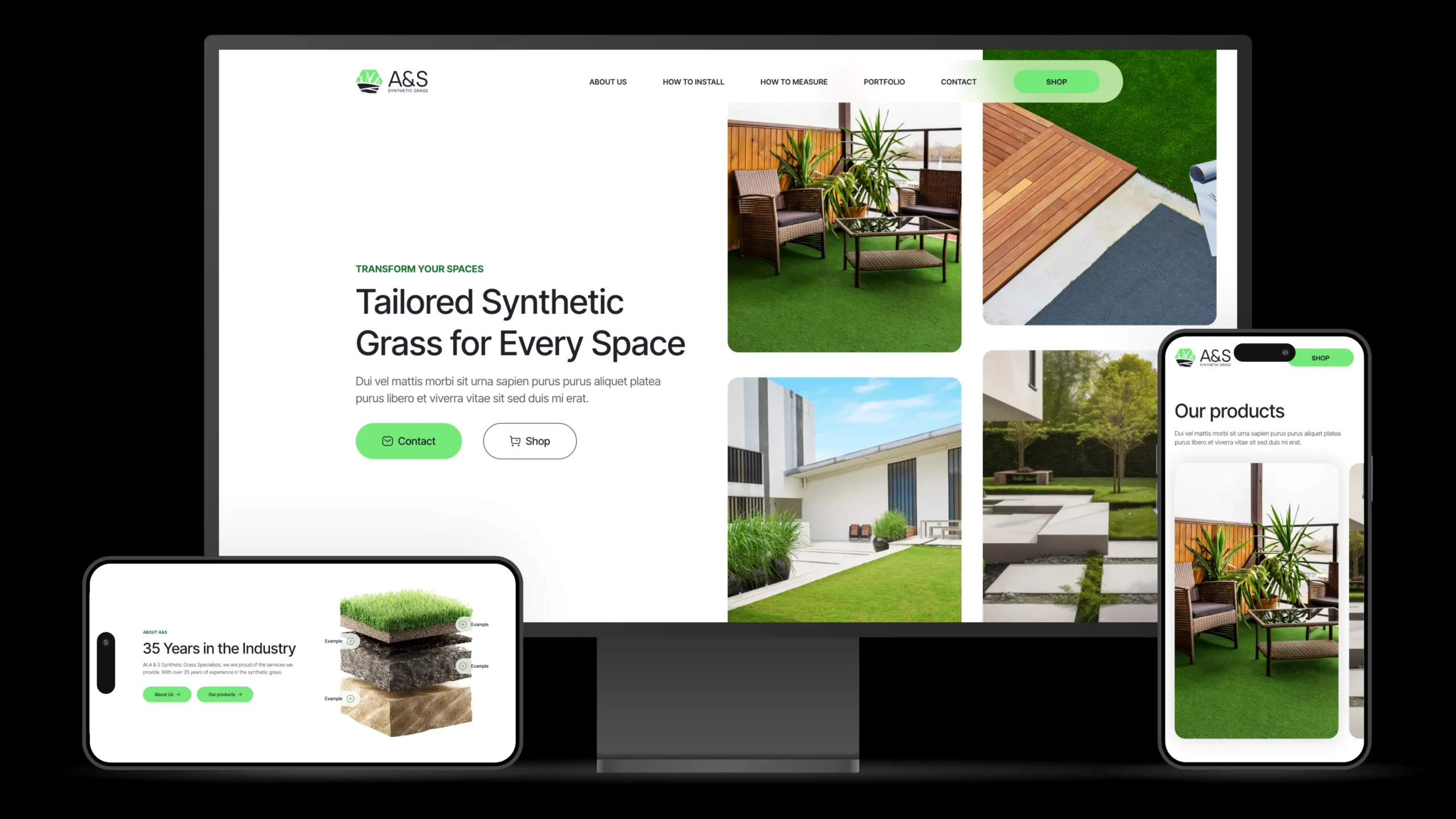 Sitio web de A&S Synthetic Grass presentado en diferentes dispositivos, mostrando la versatilidad del diseño web creado por Jorge ML para adaptarse a múltiples pantallas.