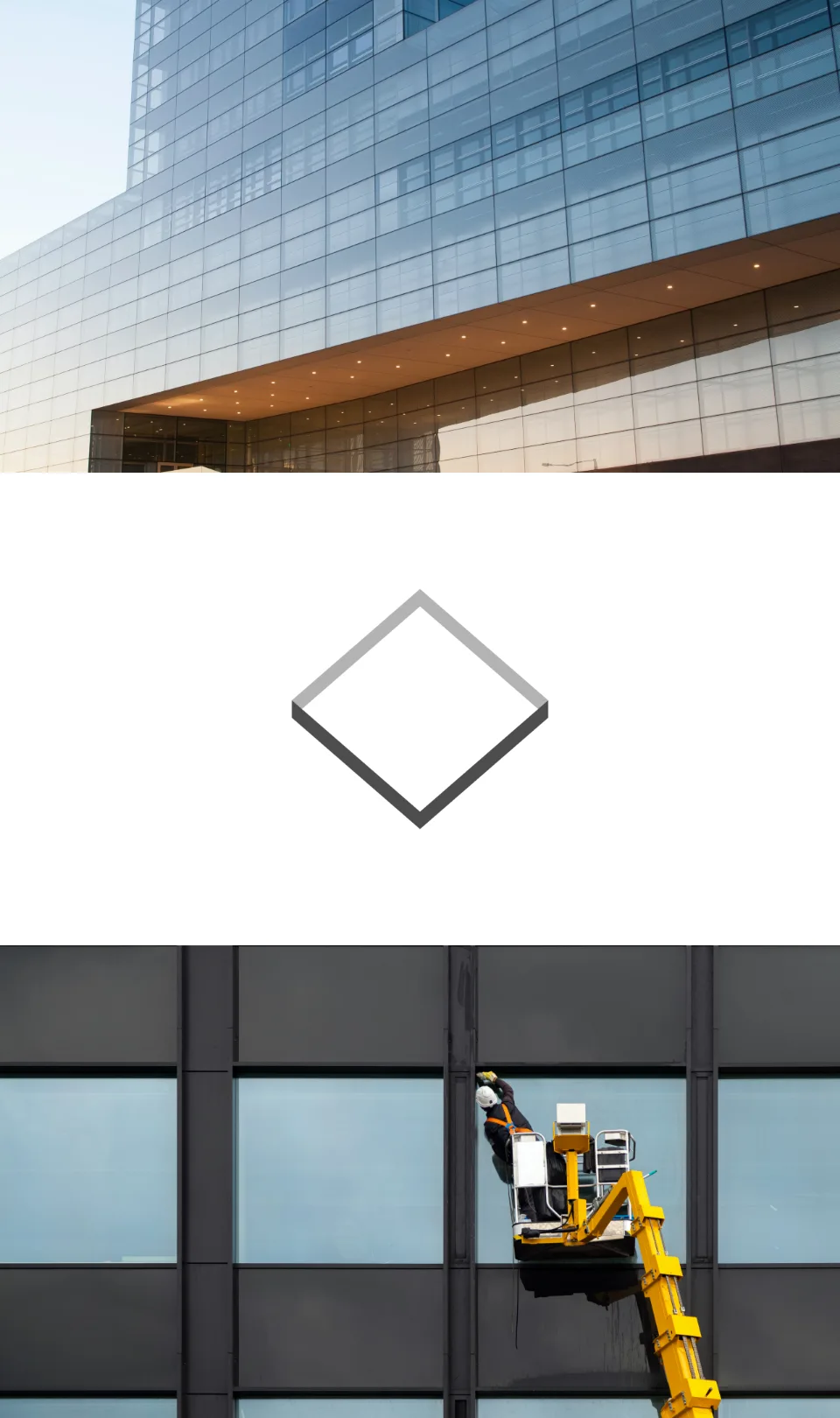 Collage que muestra la arquitectura moderna de vidrio, el logotipo de Romano Glass y la instalación de vidrio en progreso, ilustrando la gama completa de servicios de la empresa.