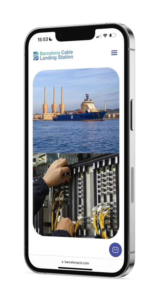 Interfaz móvil responsive de la página de Barcelona CLS mostrando tecnología de cableado y vista marítima, diseño gráfico freelance.