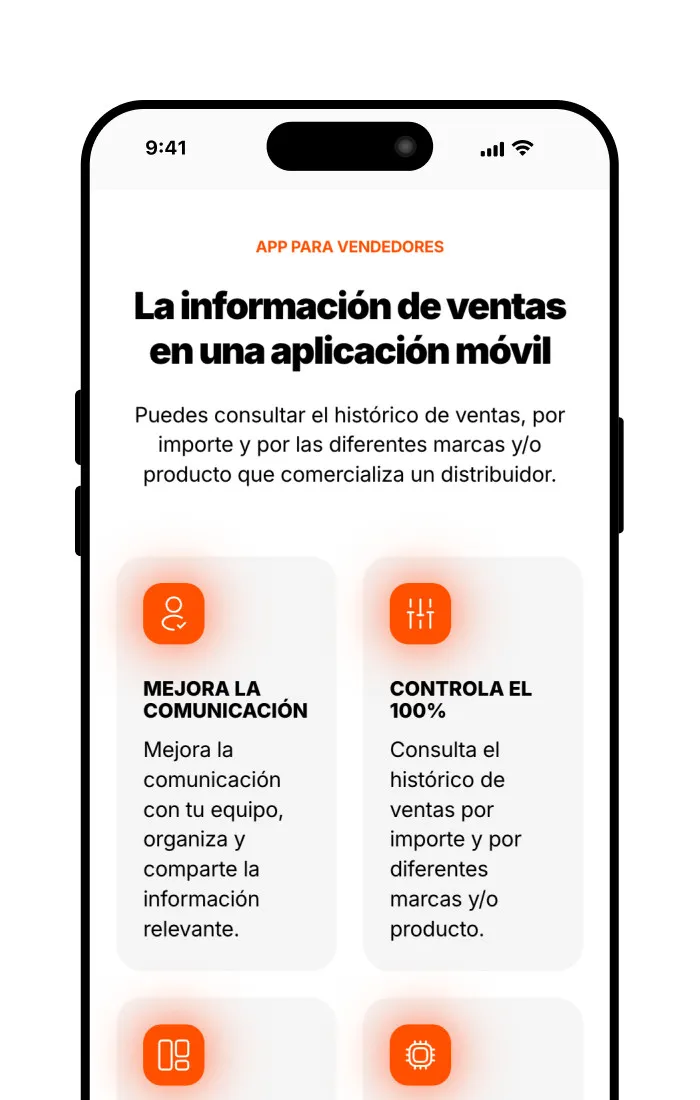 Pantalla de bienvenida de la app para vendedores de Gespromo, destacando funciones de mejora de comunicación y control del histórico de ventas.