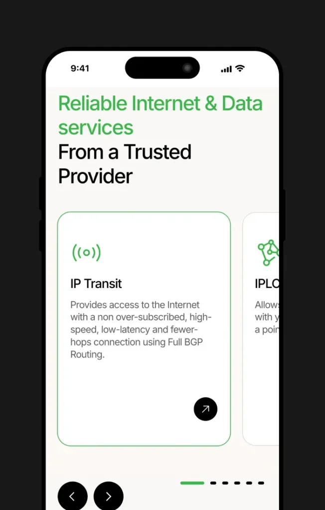 Diseño UX de catálogo de servicios (IP Transit) utilizando tarjetas y tipografía legible optimizada para pantallas móviles.