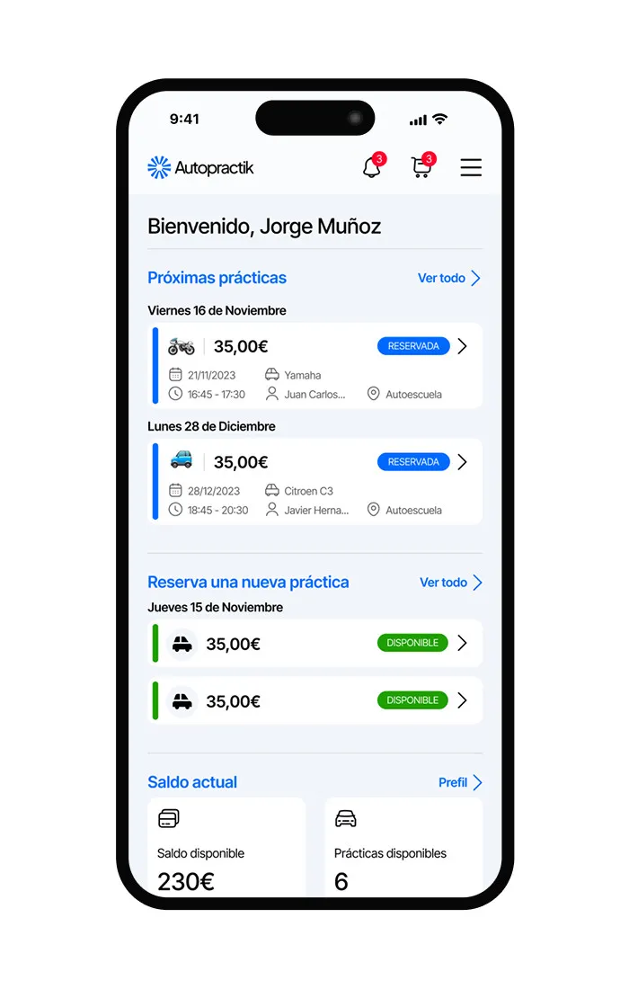 Interfaz de la app Autopractik mostrando el panel del alumno con saldo disponible y opciones para reservar prácticas de conducir.