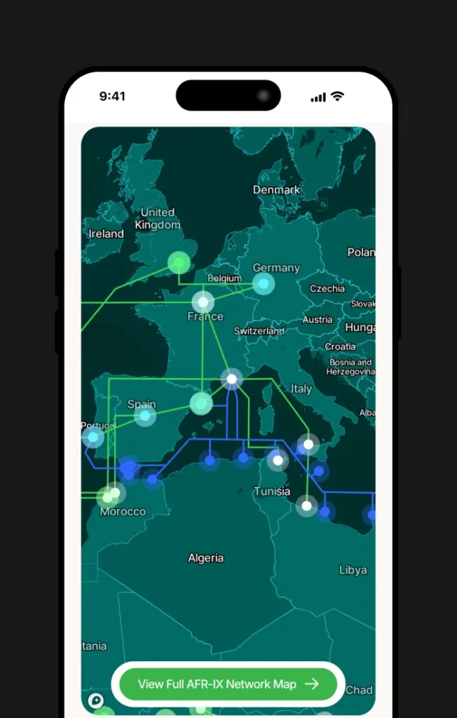 Interfaz de mapa interactivo desarrollado con la tecnología Mapbox visualizando las rutas de cable y nodos de conexión entre Europa y África en móvil.