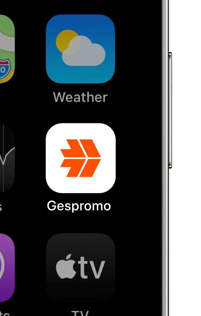 Icono de la app Gespromo integrado en la pantalla de inicio de iOS, mostrando consistencia visual con aplicaciones nativas.