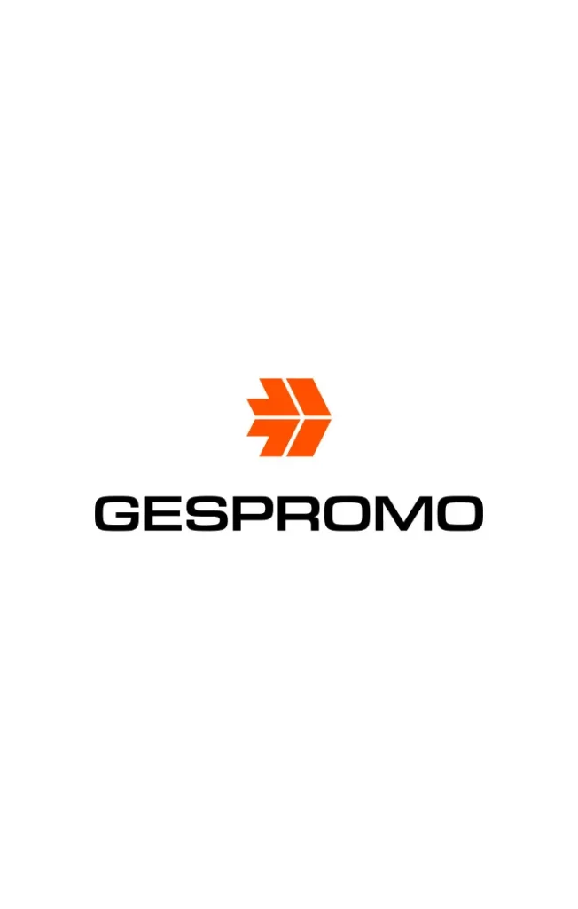 Logotipo oficial de Gespromo compuesto por el isotipo de flechas naranjas y tipografía corporativa moderna sobre fondo blanco.