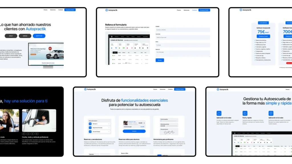 Colección de pantallas del sitio web Autopractik incluyendo página de inicio, precios, contacto y características diseñadas en WordPress.