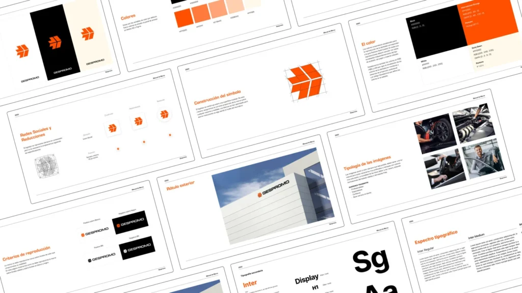 Despliegue de páginas del manual de identidad de Gespromo mostrando normativas de color, tipografía Inter, construcción del logo y aplicaciones de marca.