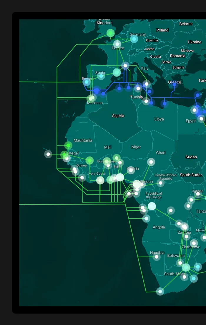 Detalle del mapa interactivo mostrando la alta densidad de nodos de conexión y cables submarinos a lo largo de la costa de África Occidental.