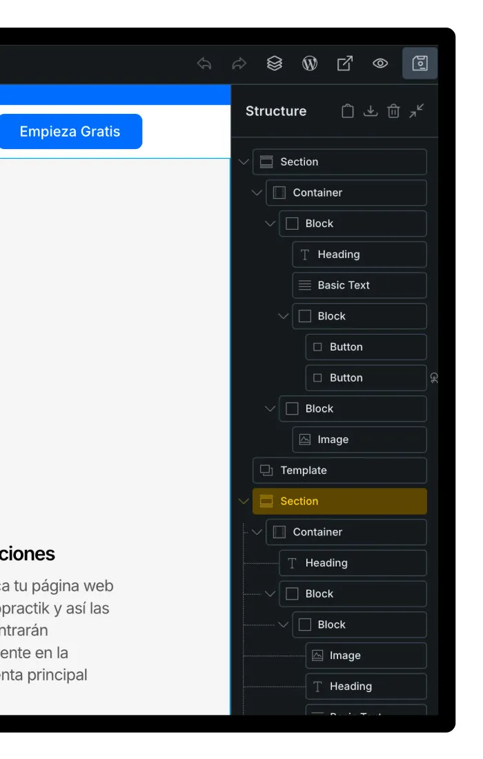 Panel de estructura DOM en Bricks Builder mostrando una maquetación HTML semántica, limpia y ordenada.