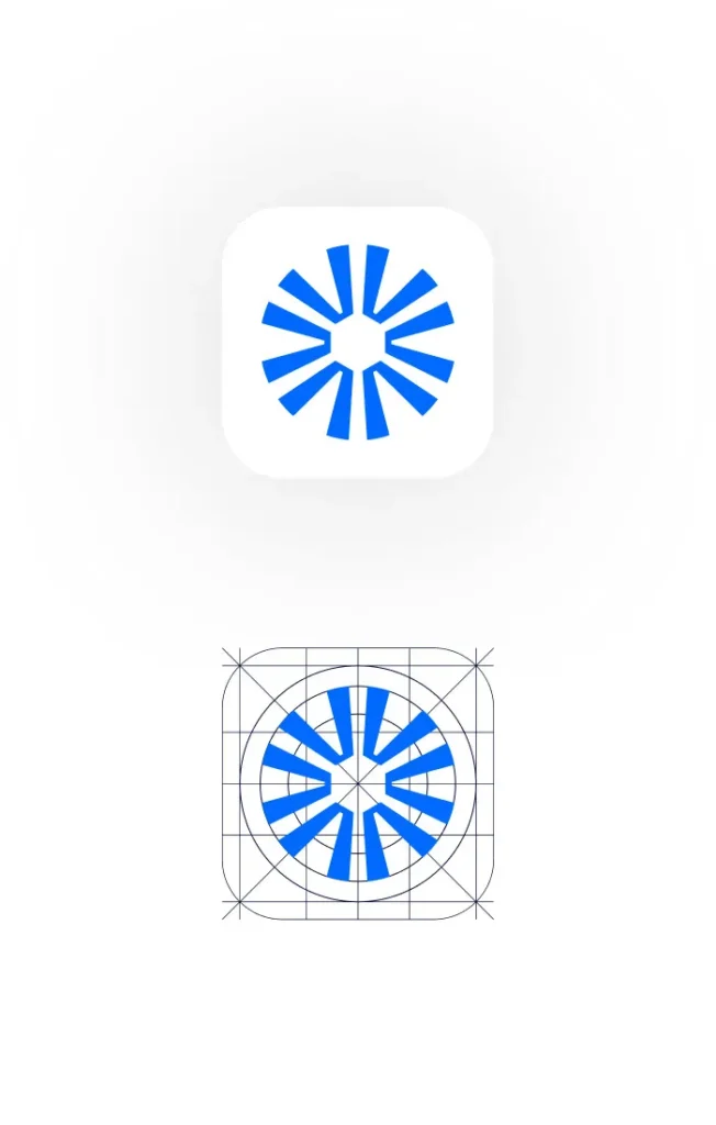 Desarrollo del icono de la app Autopractik mostrando la retícula geométrica y las proporciones matemáticas del diseño.