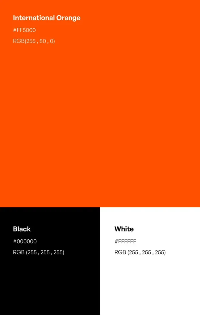 Ficha técnica de la paleta de colores corporativa definiendo el "International Orange" (#FF5000), Negro y Blanco con sus valores HEX y RGB.