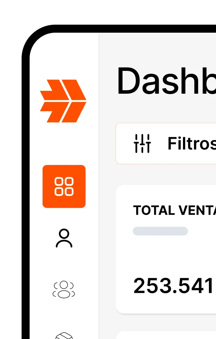 Interfaz de usuario de aplicación de gestión (CRM) mostrando métricas clave como Total Ventas y filtros de usuario en versión móvil.