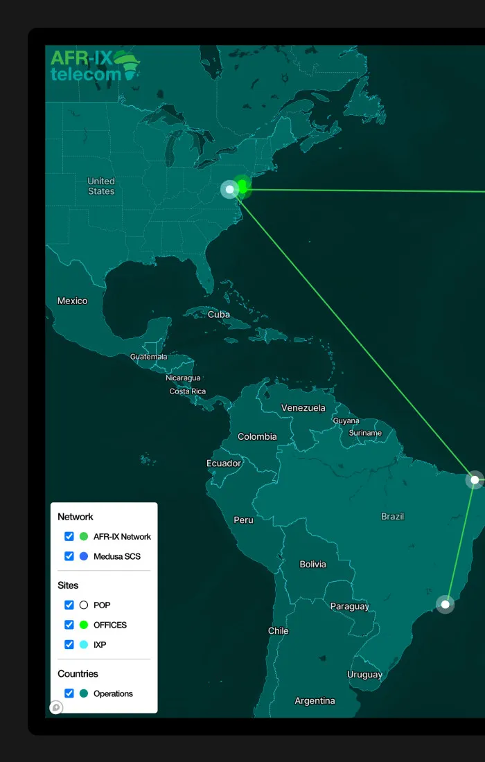 Interfaz de usuario del mapa mostrando la leyenda y filtros activos para visualizar conexiones transatlánticas entre América y África.